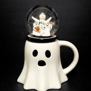 NEW Global Design Ghost Mug with Snowglobe Lid 15 OZ Porcelain Halloween